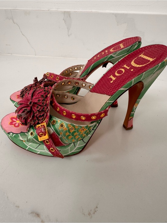 Dior Shoes - Dior Koi Pink & Green Floral python High Heel Mules 39